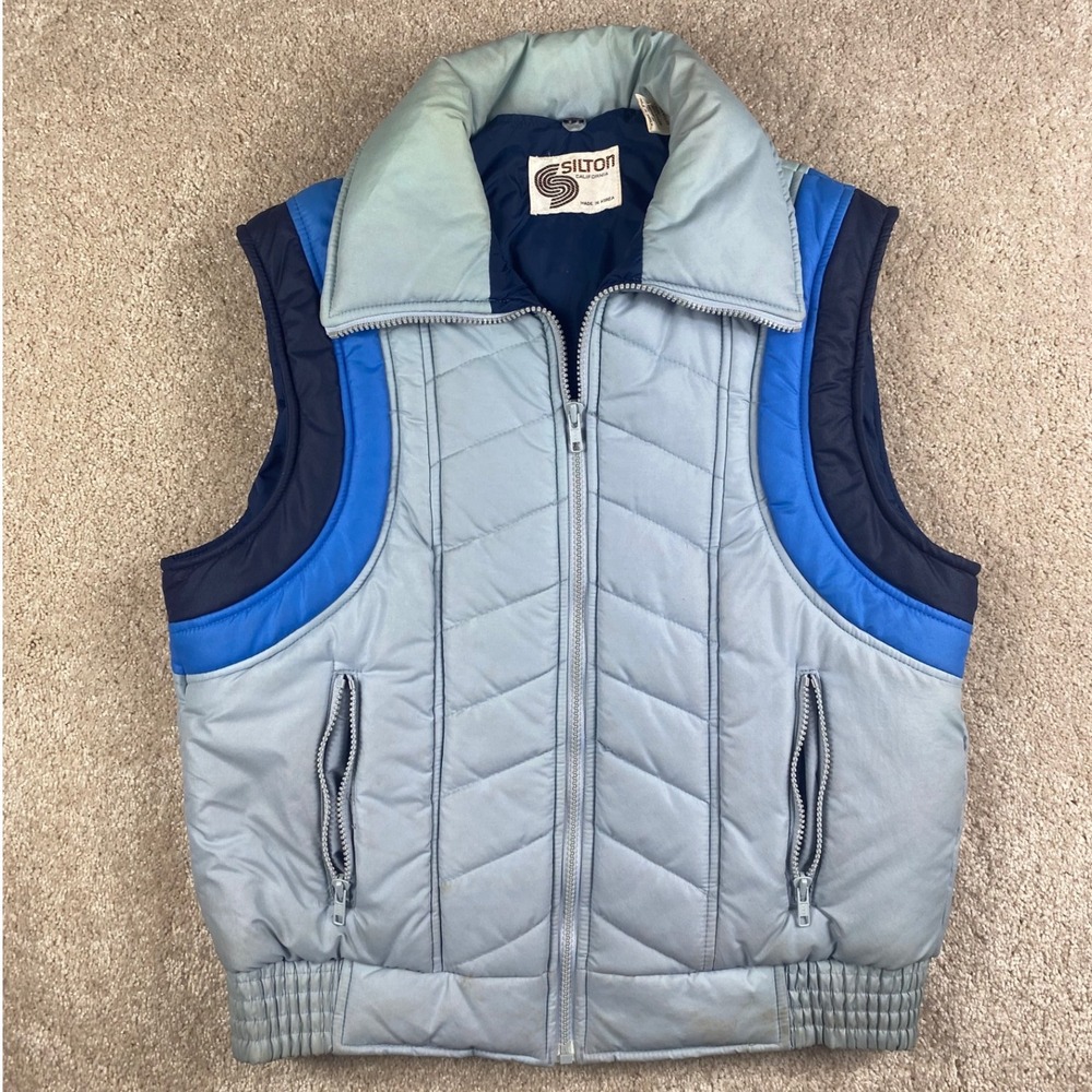 Vintage Silton California Blue Puffer Vest Mens Medium Colorblock Ski Retro